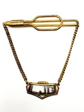 1930s Art Deco LJG Monogram Tie Clip with Safety Chain